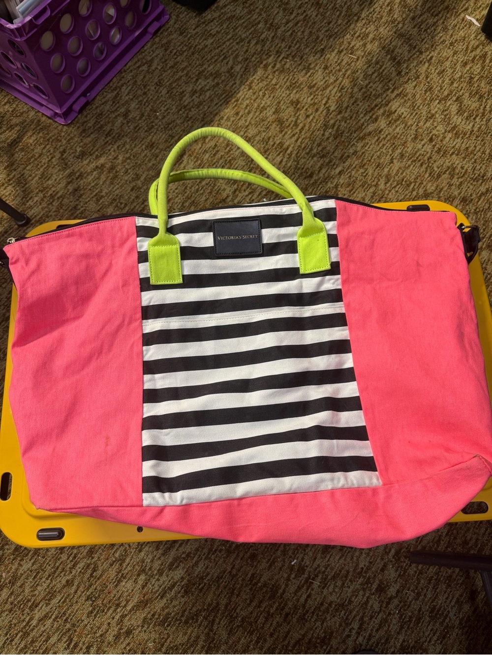 Victoria's Secret Pink, Black & White Striped Tote with Lime Handles